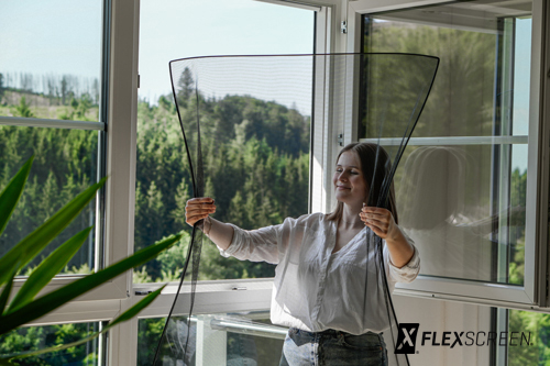 Vorführung des einfachen Einsetzens des Insektenschutzes der Firma Flexscreen am Fenster.
